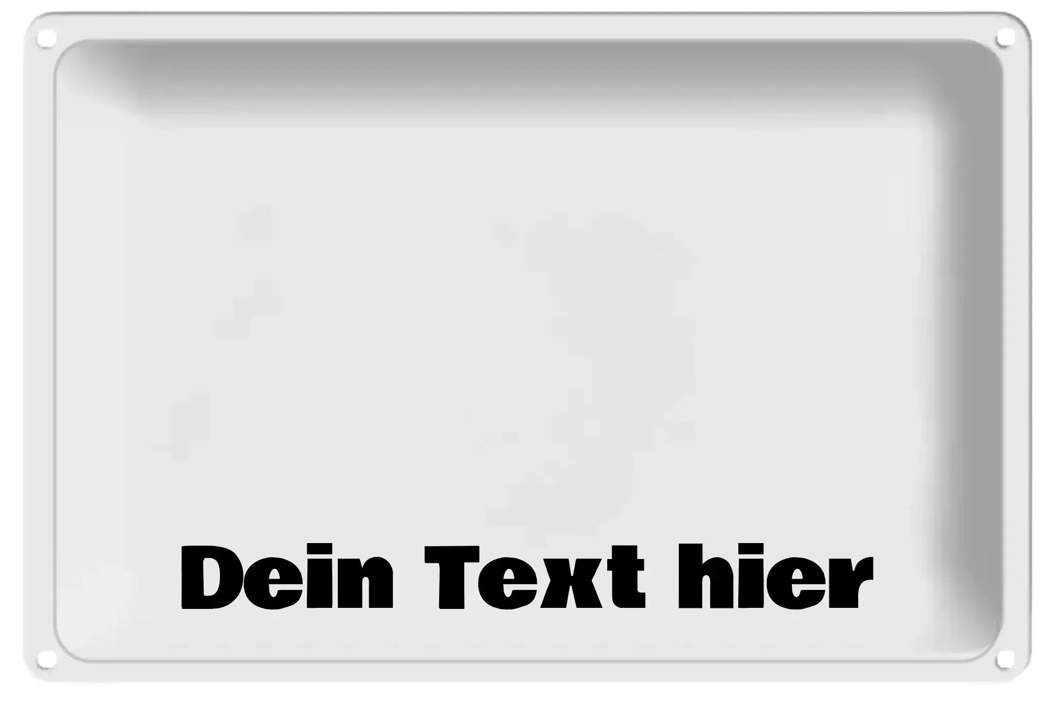Weißes rechteckiges blechschild 30x20 cm mit schwarzem text dein text hier und ki-cartoon-effekt
