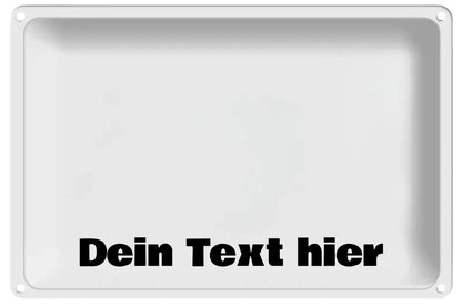Weißes rechteckiges blechschild 30x20 cm mit schwarzem text dein text hier und ki-cartoon-effekt