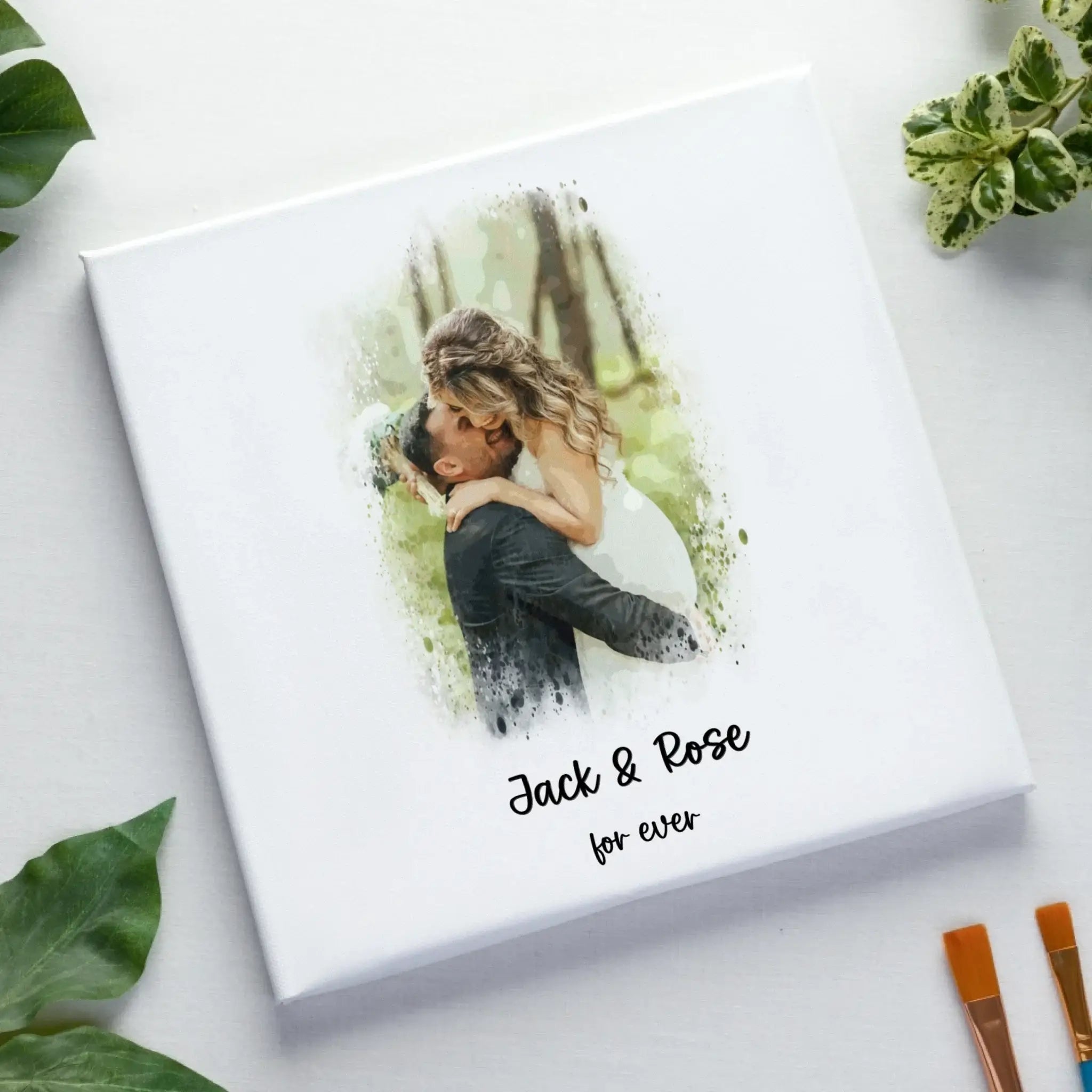 Dein Foto mit Wasserfarbeneffekt mit Wunschtext (personalisierbare Fotomotive) - Leinwand auf Holzkeilrahmen / Standard