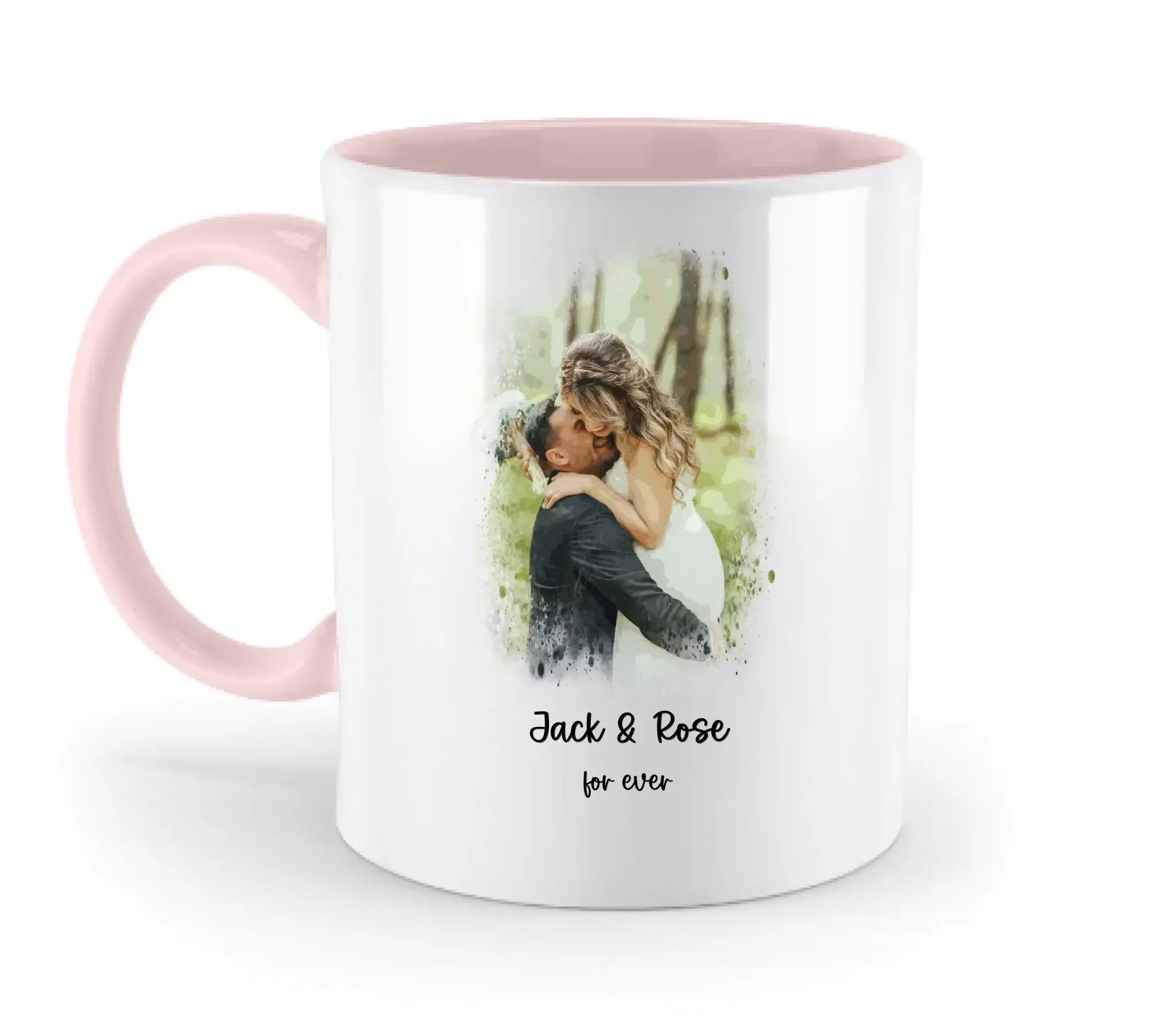 Dein Foto mit Wasserfarbeneffekt mit Wunschtext (personalisierbare Fotomotive) - Zweifarbige Tasse / Powder-Pink