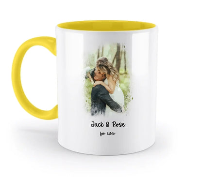 Dein Foto mit Wasserfarbeneffekt mit Wunschtext (personalisierbare Fotomotive) - Zweifarbige Tasse / Yellow / 330ml
