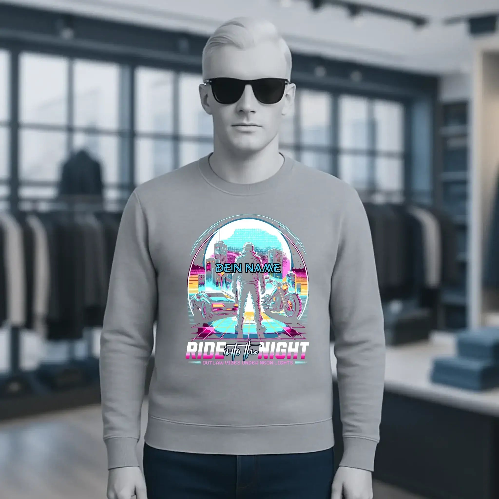 Dein Name • Ride into the night • Retro • 80s • Cyberpunk • Unisex Sweatshirt Bio-Baumwolle in 4 Farben XS-3XL • personalisiert