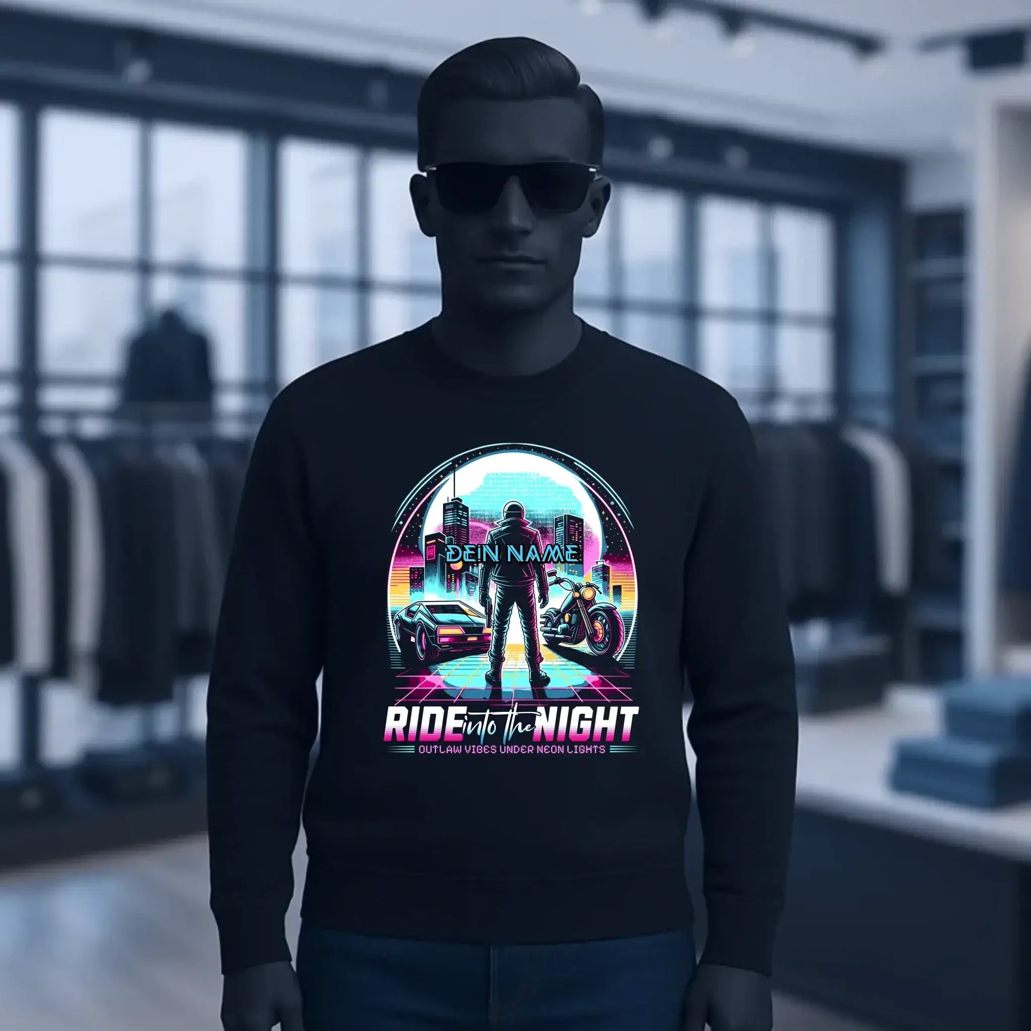 Dein Name • Ride into the night • Retro • 80s • Cyberpunk • Unisex Sweatshirt Bio-Baumwolle in 4 Farben XS-3XL • personalisiert