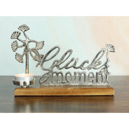 dekorativer Aluminium - Aufsteller, Schriftzug "Glücksmoment", mit Teelichthalter, 34 x 9 x 22 cm, silber von HalloGeschenk.de