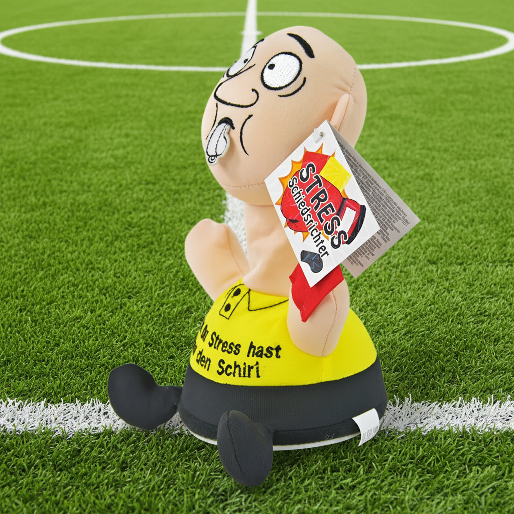 Beiges schlag den schiri fußball stress schiri plush toy mit gelb schwarzem outfit und deutscher aufschrift
