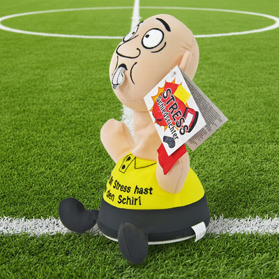 Beiges schlag den schiri fußball stress schiri plush toy mit gelb schwarzem outfit und deutscher aufschrift