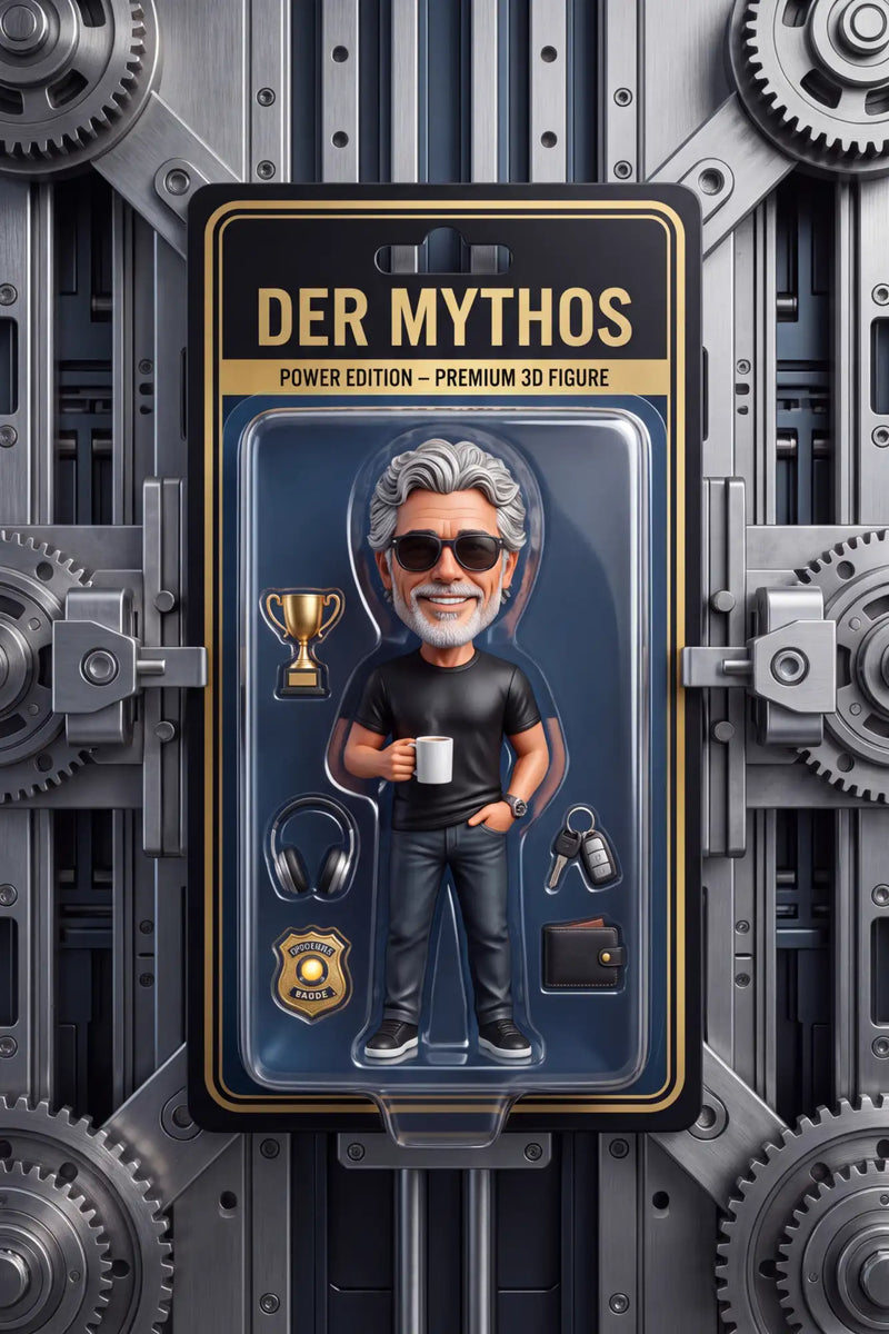 Die Mythos Power Edition Premium-3D-Figur in einer schwarzen und goldenen Blisterverpackung, die einen cartoonhaften Mann mit grauem Haar und Sonnenbrille zeigt, der eine weiße Tasse hält.