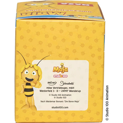 Gelbe pappe mit cartoon-biene und maja studio 100 branding für die biene maja quietsche- und badeente geschenkverpackung