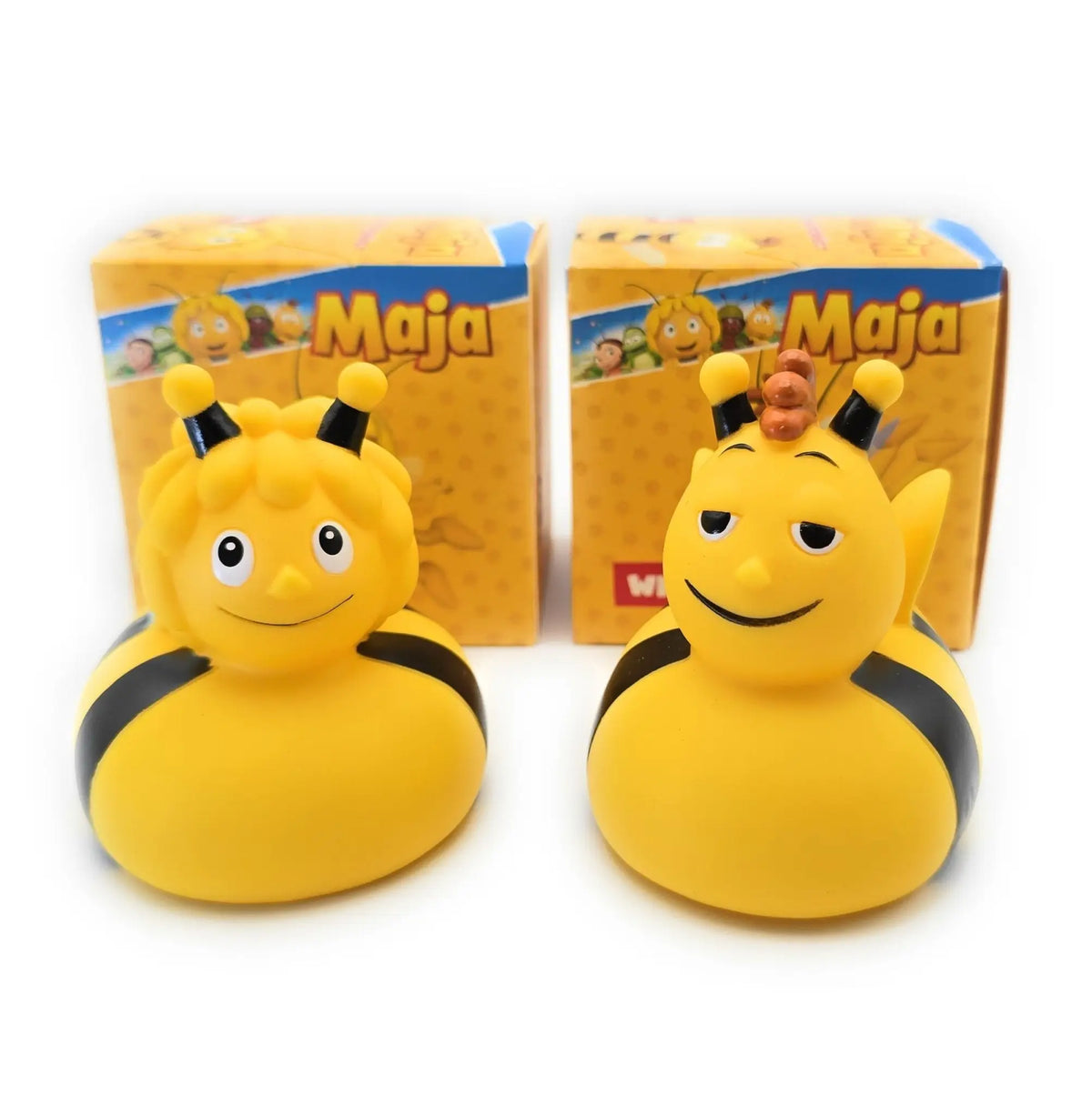 Gelbe badeente biene maja mit schwarzen streifen und antennen cartoon gesichter im geschenkset von maja
