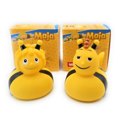 Gelbe badeente biene maja mit schwarzen streifen und antennen cartoon gesichter im geschenkset von maja