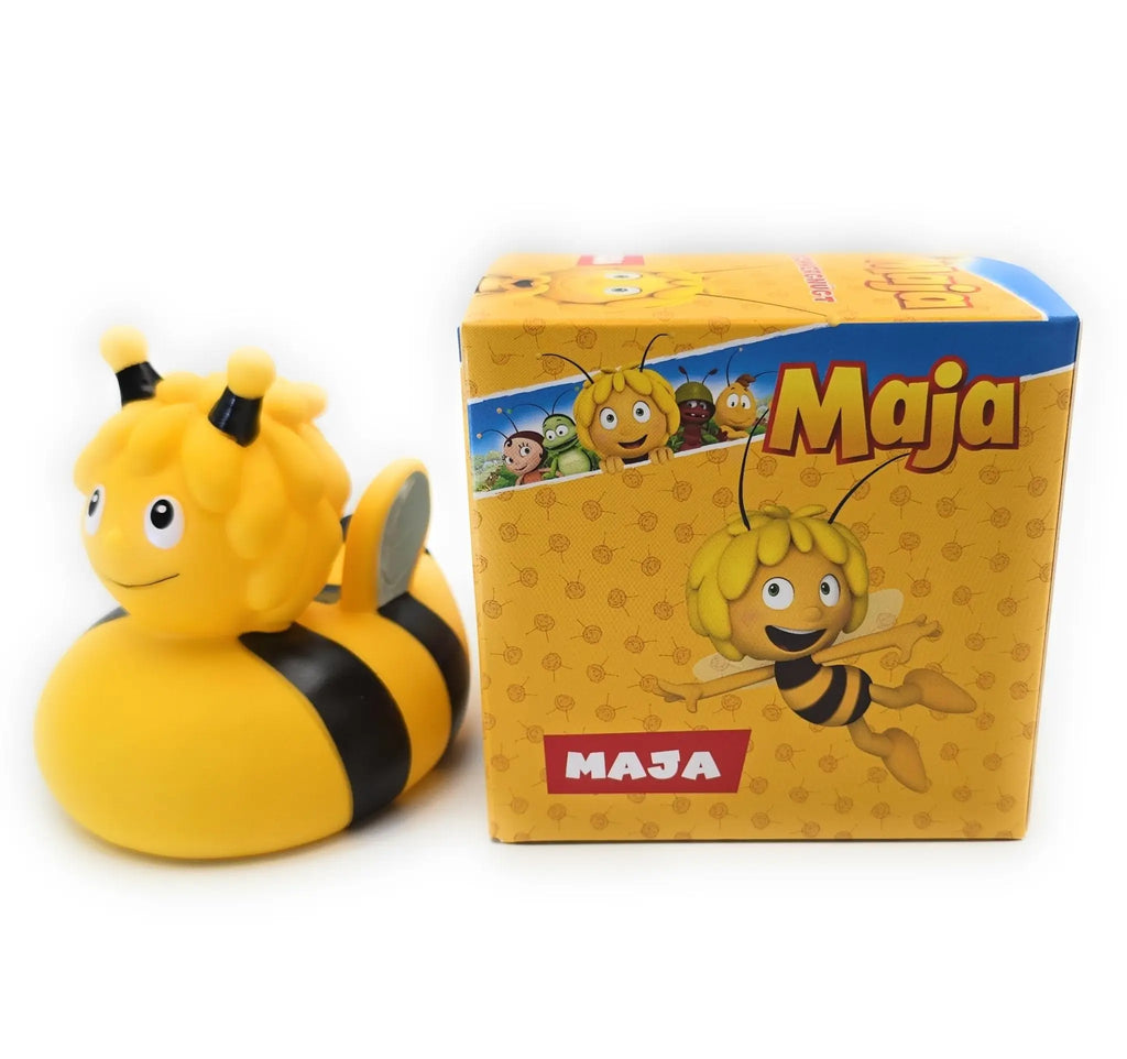 Gelbe gummiente biene mit schwarzen streifen und antennen im bundle biene maja und willi geschenkset