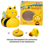 Gelbe gummi badeente biene maja mit schwarzen streifen und blauen flügeln im geschenkset mit hochwertiger verpackung