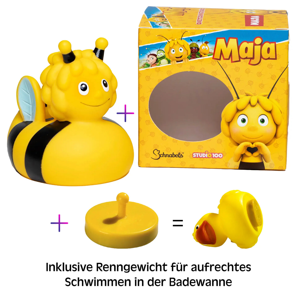 Gelbe gummi badeente biene maja mit schwarzen streifen und blauen flügeln im geschenkset mit hochwertiger verpackung