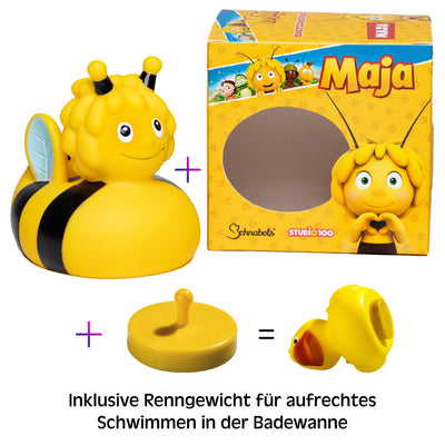 Gelbe gummi badeente biene maja mit schwarzen streifen und blauen flügeln im geschenkset mit hochwertiger verpackung