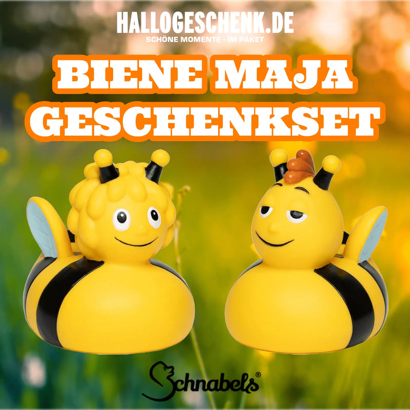 Zwei gelbe gummibienen badeenten mit schwarzen streifen und blauen flügeln im bundle die biene maja und ihr bester freund willi