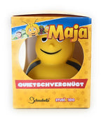 Gelbe gummibiene mit schwarzen streifen und lächelndem gesicht in gebrandeter verpackung aus dem geschenkset die biene maja und ihr bester freund willi