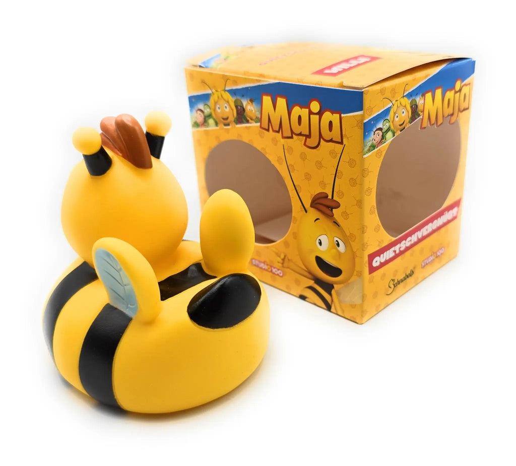Gelbe badeente biene maja mit schwarzen streifen und blauen flügeln im geschenkset mit hochwertiger verpackung