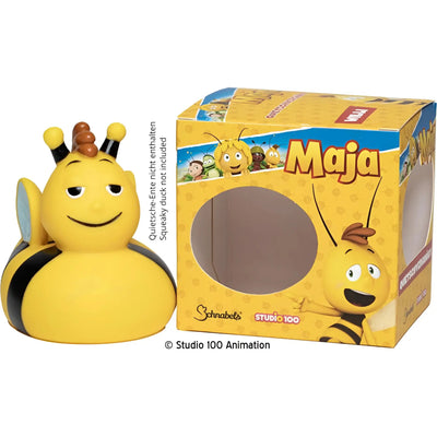 Gelbe gummibiene willi badeente mit schwarzen streifen und lächelndem gesicht im offiziellen biene maja design