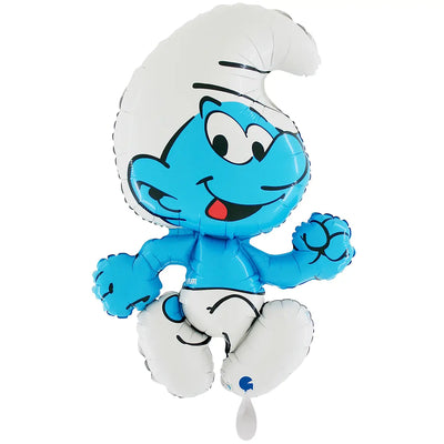 Xxl luftballon papa schlumpf aus glänzendem folie material in blau und weiß mit fröhlichem gesicht und klassischem design