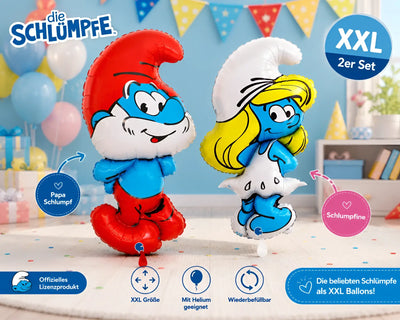 Rote und weiße papa schlumpf luftballon mit blauem körper gelben haaren und lächelndem gesicht aus der schlümpfe xxl ballons serie