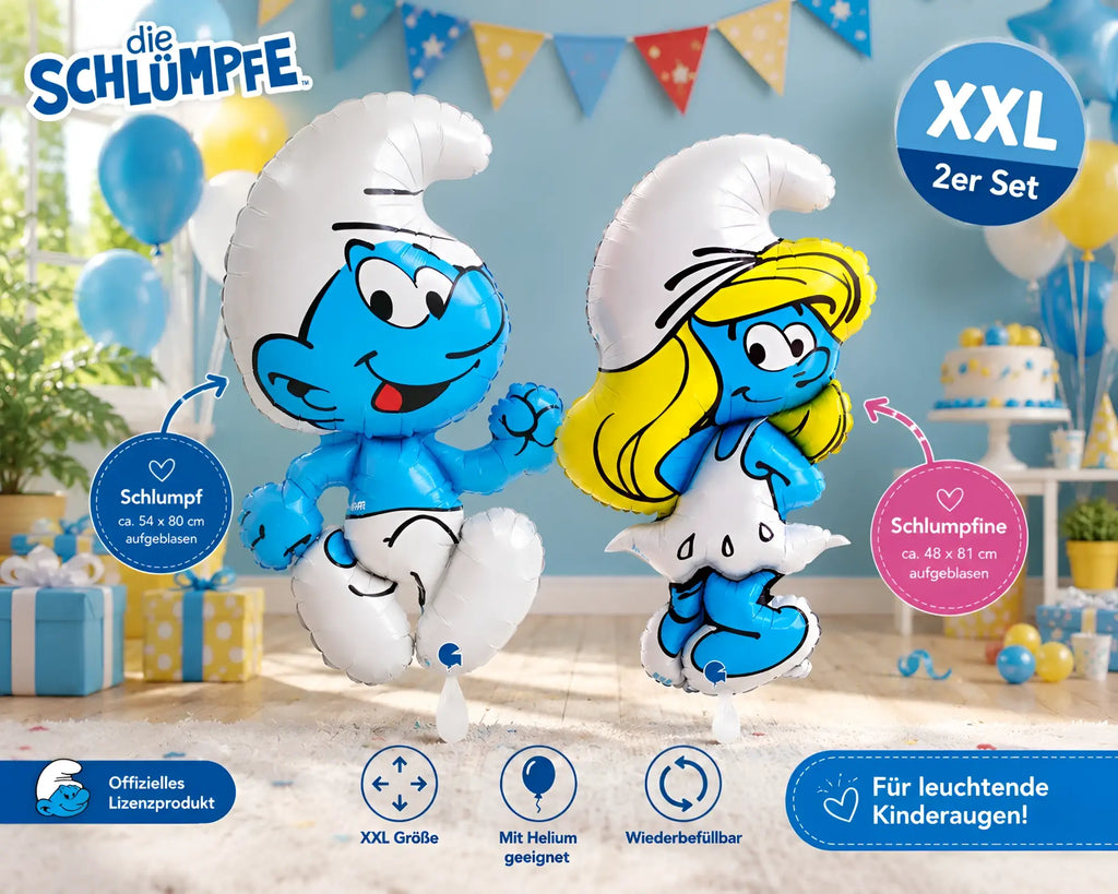 Xxl schlümpfe ballon set mit papa schlumpf und schlumpfine in blau mit weißen mützen und bedruckten gesichtern