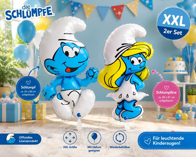 Xxl schlümpfe ballon set mit papa schlumpf und schlumpfine in blau mit weißen mützen und bedruckten gesichtern