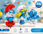 Set aus drei xxl schlümpfe luftballons mit papa schlumpf rot, schlumpfine blond weiß und schlumpf blau im windel