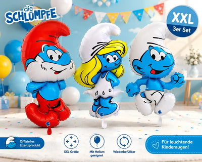 Set aus drei xxl schlümpfe luftballons mit papa schlumpf rot, schlumpfine blond weiß und schlumpf blau im windel