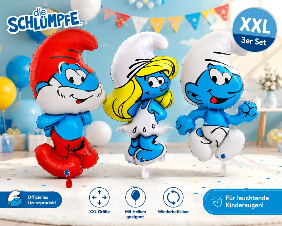 Set aus drei xxl schlümpfe luftballons mit papa schlumpf rot, schlumpfine blond weiß und schlumpf blau im windel