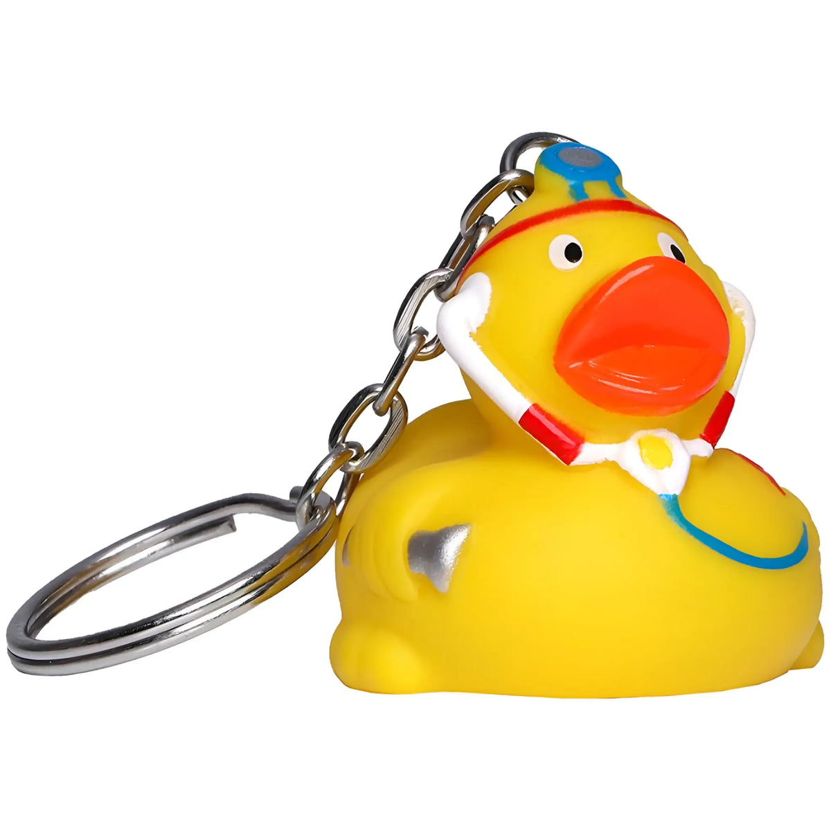 Gelber gummi-enten schlüsselanhänger mit oranger schnabel rotem weißen stethoskop blauem stirnband und silberkette