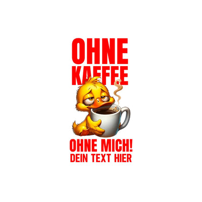 Ein gelber cartoon-ente mit schläfrigen augen hält eine weiße keramikkaffeetasse mit dampf aus der statement-collection