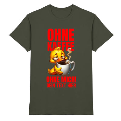 Dark olivgrünes baumwoll tshirt mit gelber enten cartoon und weißer kaffeetasse, aufdruck rot don t duck with me design
