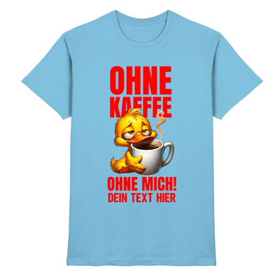 Lightblaue baumwoll t shirt mit gelber ente und weißer kaffeetasse aus statement collection entenmotive