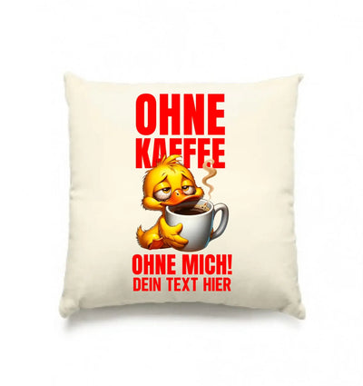 Creamfarbiges kissen mit cartoon gelber ente und dampfendem kaffeebecher plus rotem deutschen text aus statement collection