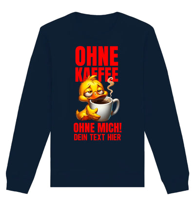 Navyblaues langarmshirt mit gelbem cartoonente und weißer kaffeetasse mit rotem deutschen text statement-collection