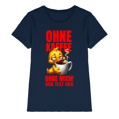 Navyblaue damen t shirt mit cartoon gelber ente und dampfender kaffeetasse mit rotem statement text in deutsch