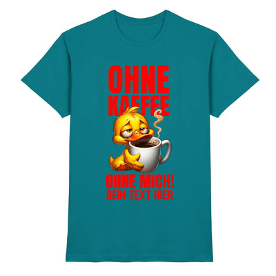 Petrolfarben baumwoll t shirt mit coolem gelben enten cartoon der eine kaffeetasse hält und rotem deutlichem schriftzug in deutsch