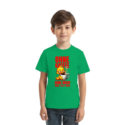 Grünes kurzarmshirt mit cartoonente, kaffee, rotem deutschem text, statement und entenmotiv design