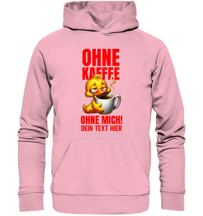 Pink kapuzenpullover mit rotem und gelbem cartoon ente mit kaffeetasse aus der statement collection entwurf zum wünschen