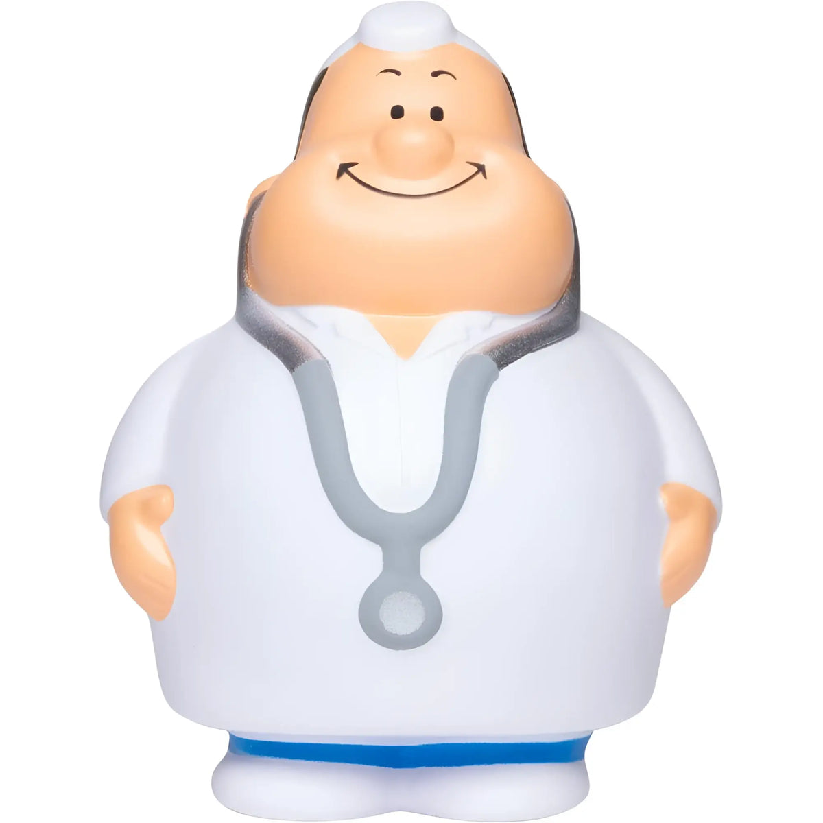 Weiße plastikfigur dr bert mit grauem stethoskop und blauem gürtel als anti stress squeezefigur