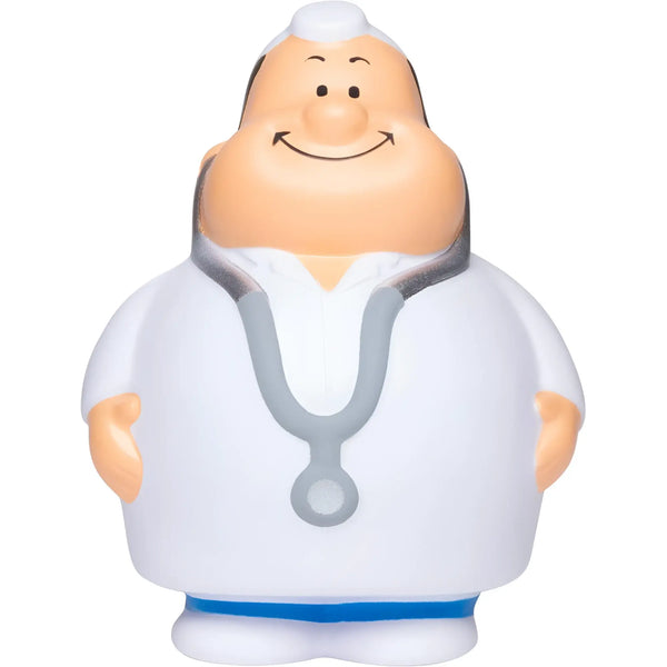 Weiße plastikfigur dr bert mit grauem stethoskop und blauem gürtel als anti stress squeezefigur