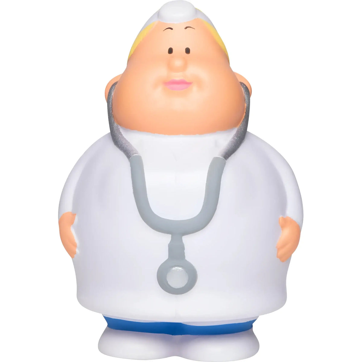 Chubby cartoon doctor figurine dr berta anti stress quetschfigur with white coat gray stethoscope and blue pants