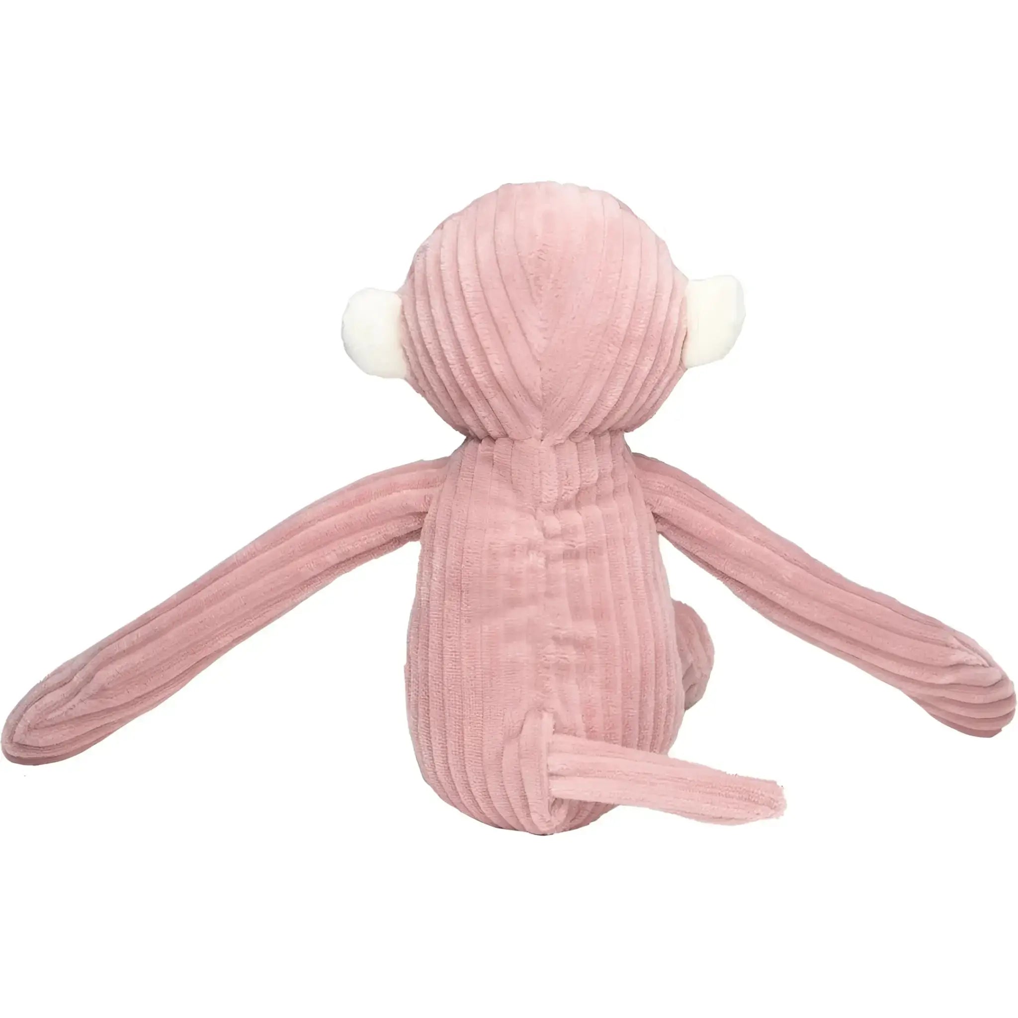 A soft pink corduroy monkey plush toy with white felt ears from dschungel-duo miniFeet lanky legends set