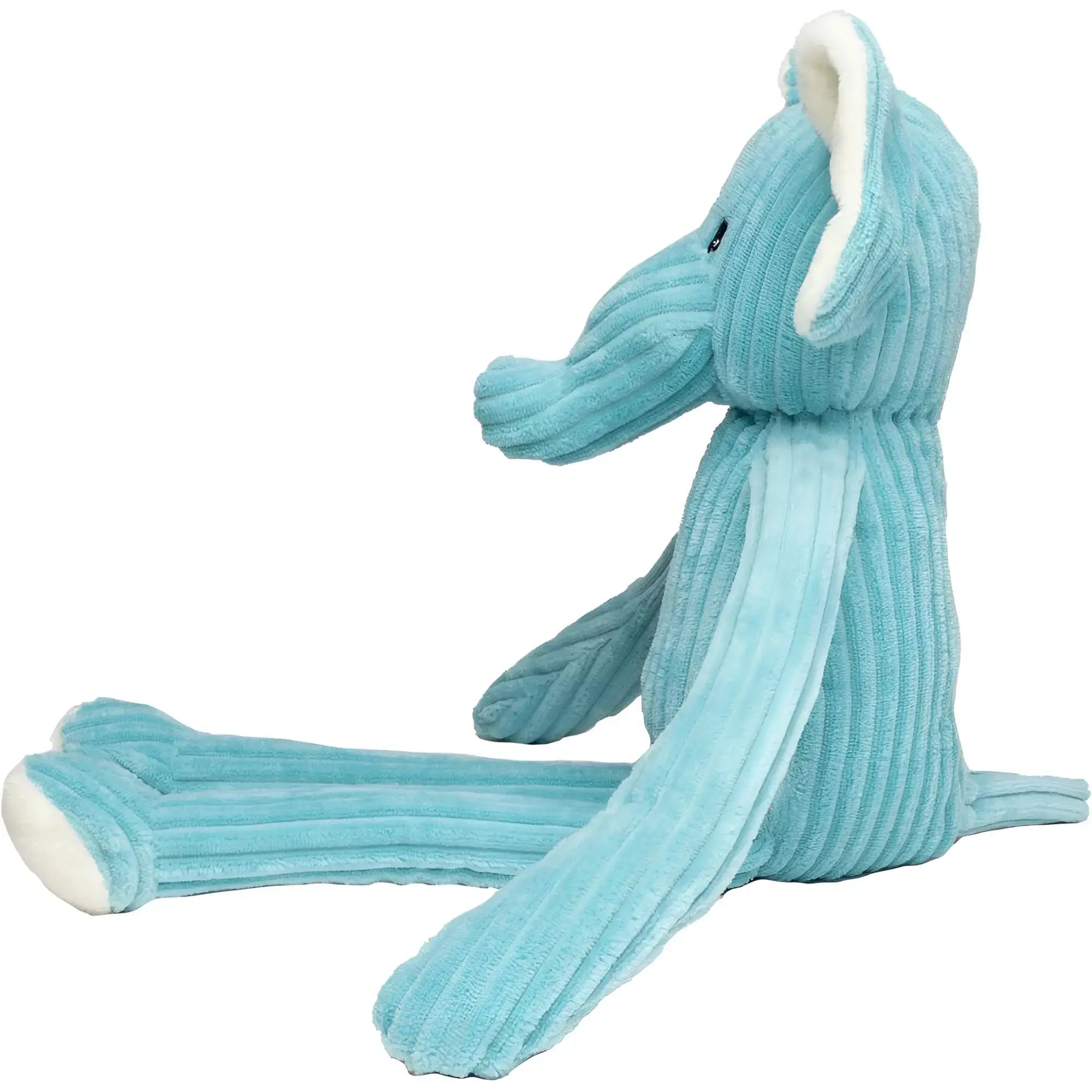 Ein weiches, hellblaues corduroy elefantenstofftier mit weißen ohren und füßen aus dem dschungel-duo miniFeet lanky legends set