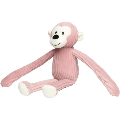 Ein weicher rosa kordstoff affenplüsch mit weißem gesicht, schwarzer nase und lächelndem ausdruck aus dem minifeet lanky legends set
