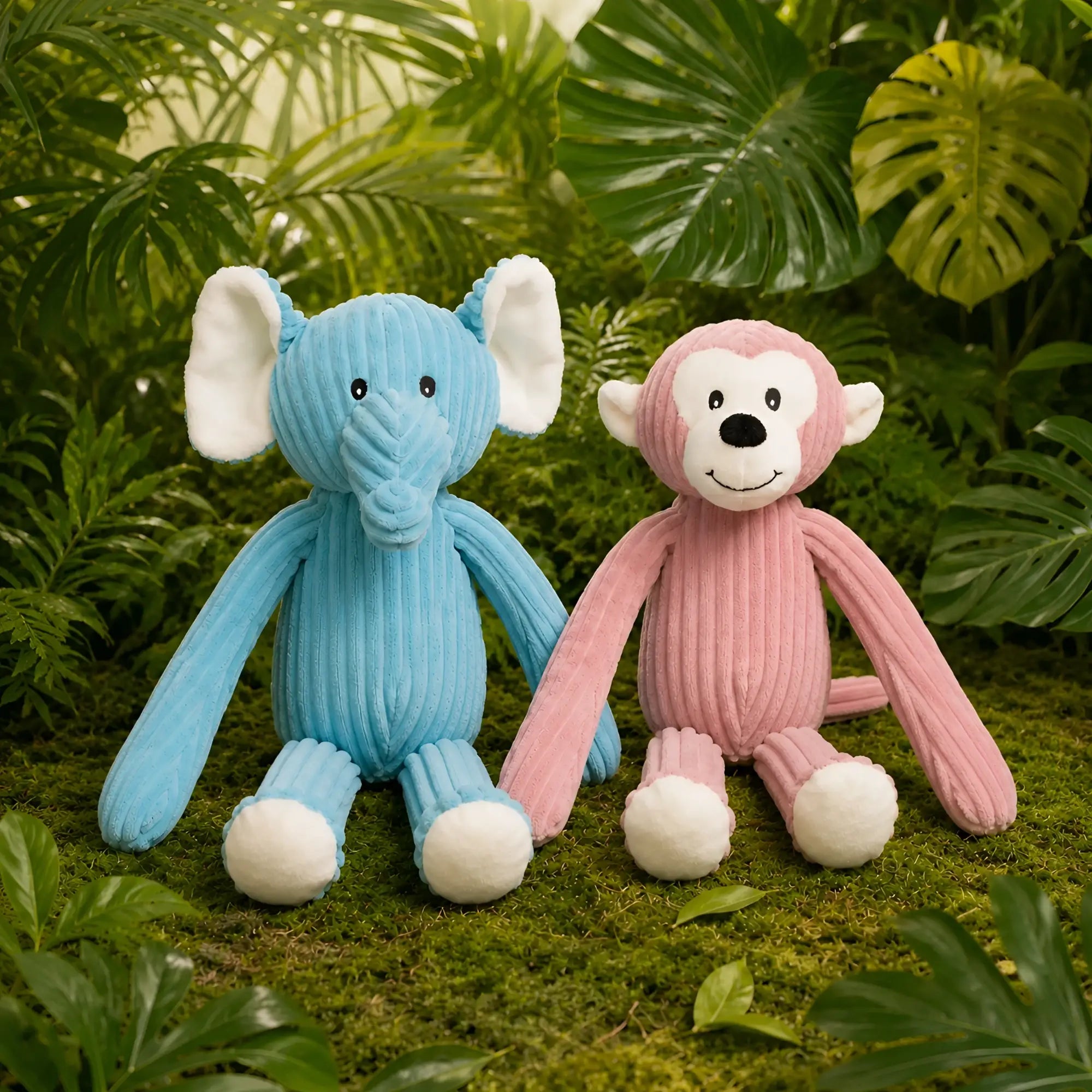 Blaues und pinkes cord stofftier elefant und affe mit weißen akzenten aus dem minifeet lanky legends set