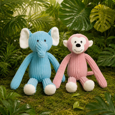 Blaues und pinkes cord stofftier elefant und affe mit weißen akzenten aus dem minifeet lanky legends set