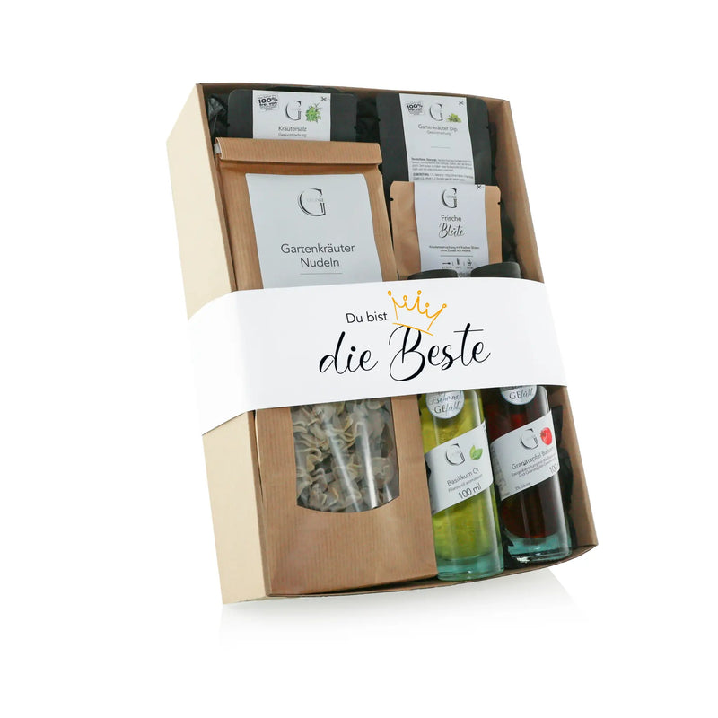Beige Pappgeschenkbox mit durchsichtigem Fenster, weißem band mit du bist die beste text und goldener Krone