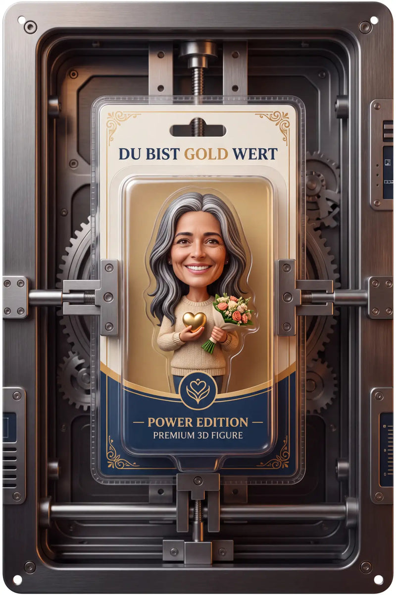Eine hochwertige 3D-Figurine einer lächelnden Frau mit grauem Haar, die ein goldenes Herz und Blumen hält, eingekapselt in einer transparenten Kunststoffverpackung mit der Aufschrift „Du bist gold wert“ in einem industriellen Tresor.