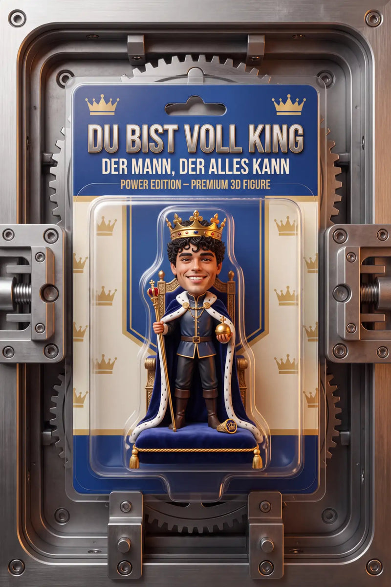 Ein Mann mit einer blau-goldenen Krone in königlicher Kleidung, der Zepter und Szepterkugel hält, auf einem kunstvoll verzierten Thron sitzend, in einer klaren Plastikhülle verpackt, beschriftet mit „du bist voll king“ als Teil der „power edition – premium“